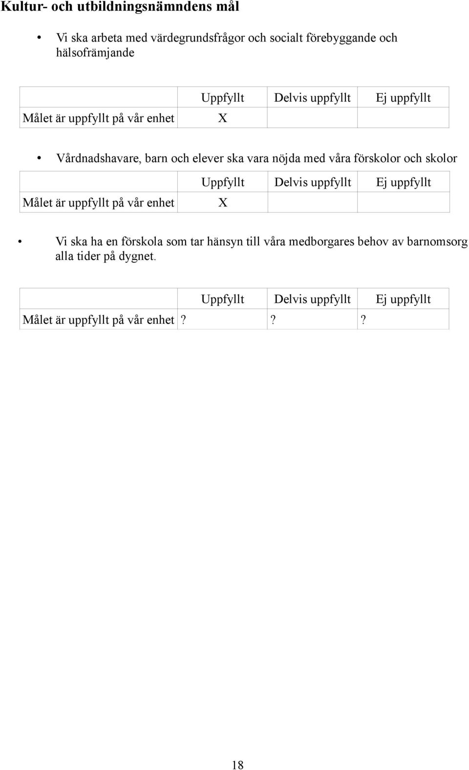 Uppfyllt Målet är uppfyllt på vår enhet Delvis uppfyllt Delvis uppfyllt Ej uppfyllt X Vi ska ha en förskola som tar hänsyn