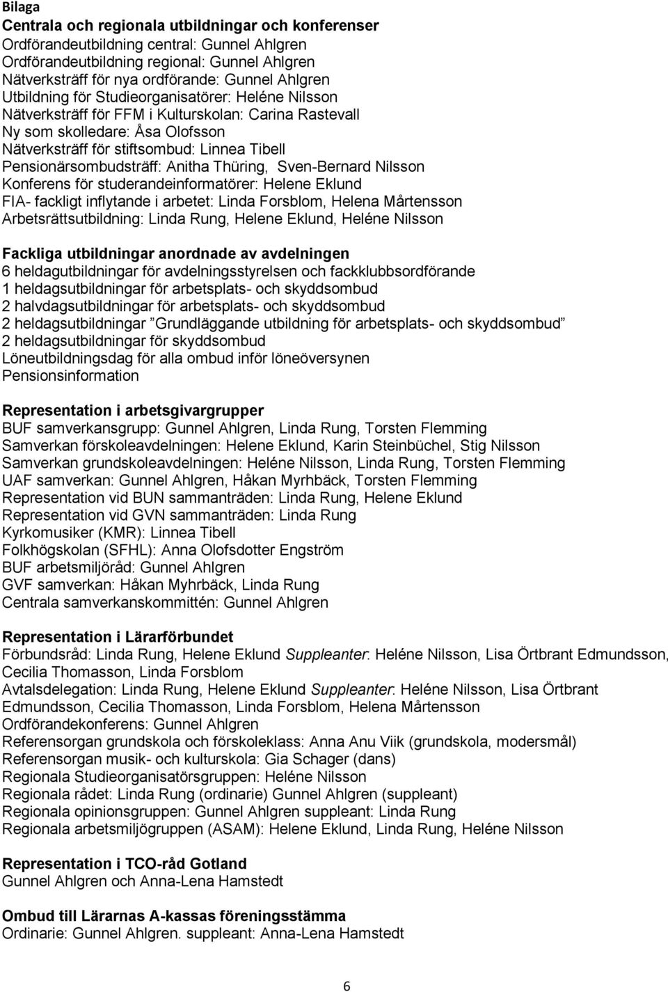 Pensionärsombudsträff: Anitha Thüring, Sven-Bernard Nilsson Konferens för studerandeinformatörer: Helene Eklund FIA- fackligt inflytande i arbetet: Linda Forsblom, Helena Mårtensson