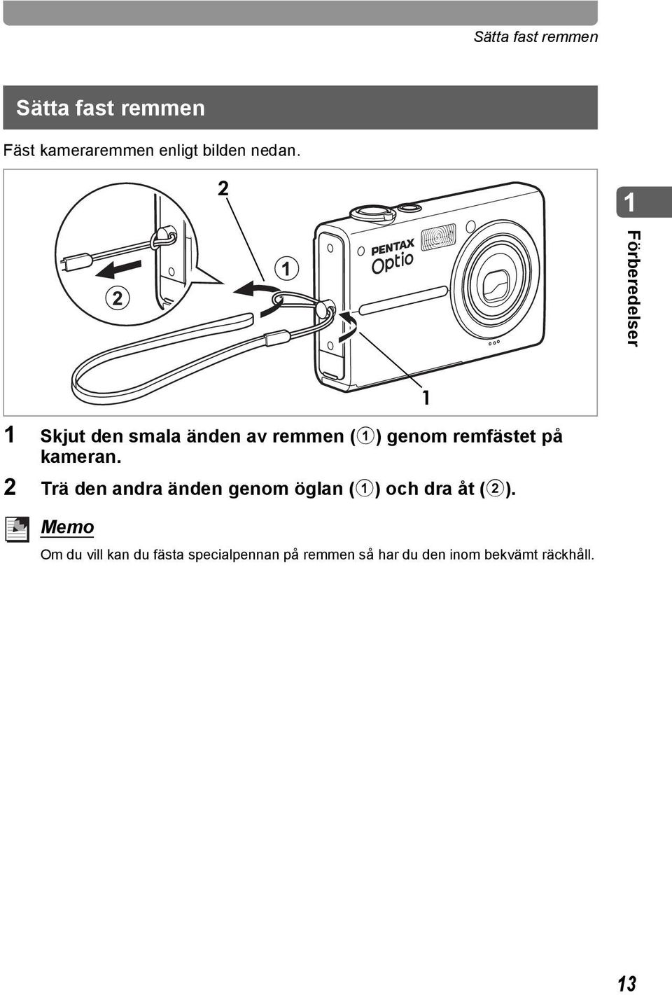 kameran. 2 Trä den andra änden genom öglan (1) och dra åt (2).