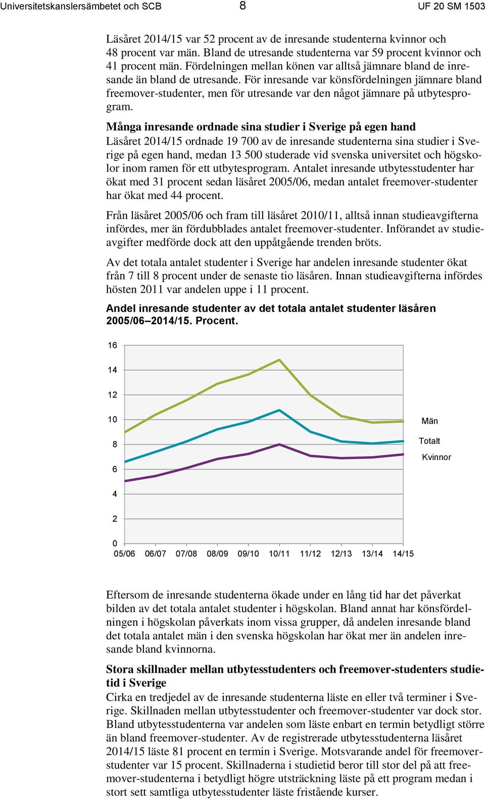 För inresande var könsfördelningen jämnare bland freemover-studenter, men för utresande var den något jämnare på utbytesprogram.