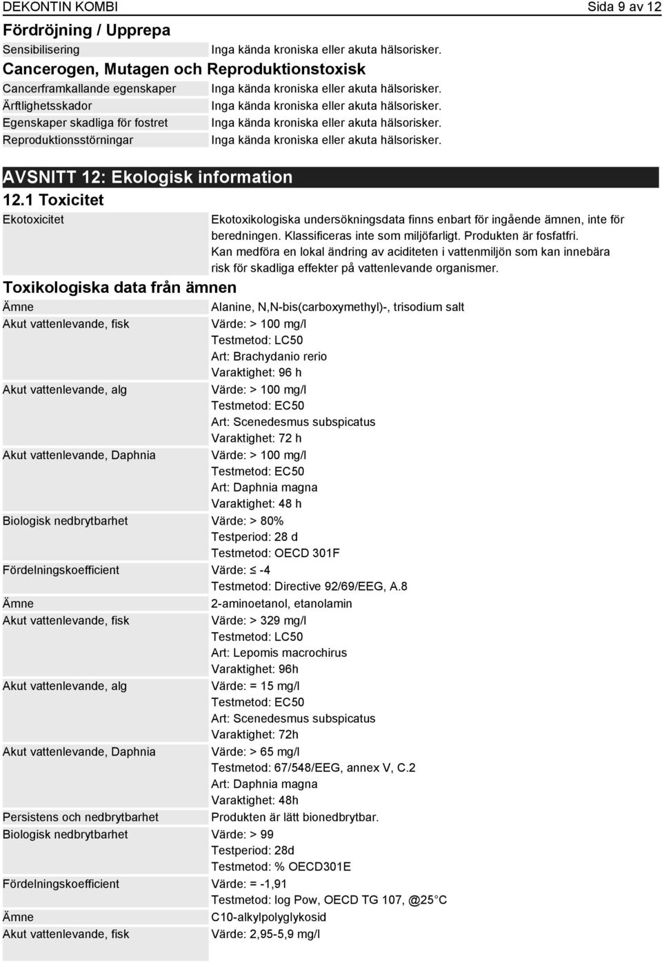 Egenskaper skadliga för fostret Inga kända kroniska eller akuta hälsorisker. Reproduktionsstörningar Inga kända kroniska eller akuta hälsorisker. AVSNITT 12: Ekologisk information 12.