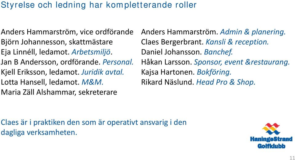 Maria Zäll Alshammar, sekreterare Anders Hammarström. Admin & planering. Claes Bergerbrant. Kansli & reception. Daniel Johansson. Banchef.