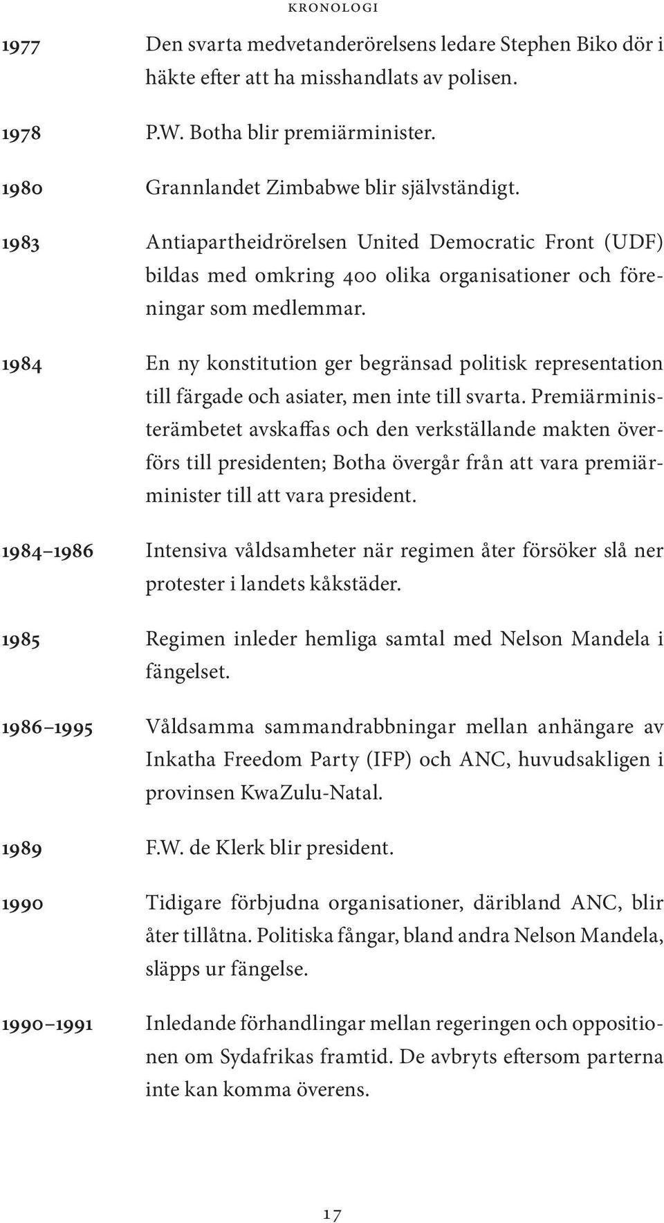 1984 En ny konstitution ger begränsad politisk representation till färgade och asiater, men inte till svarta.
