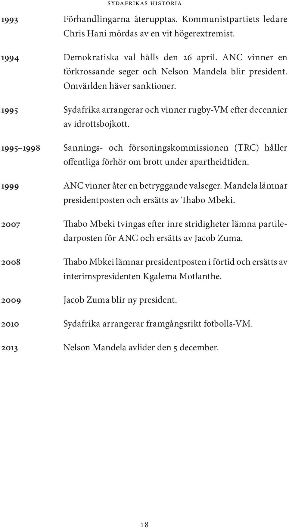 1995 1998 Sannings- och försoningskommissionen (TRC) håller offentliga förhör om brott under apartheidtiden. 1999 ANC vinner åter en betryggande valseger.