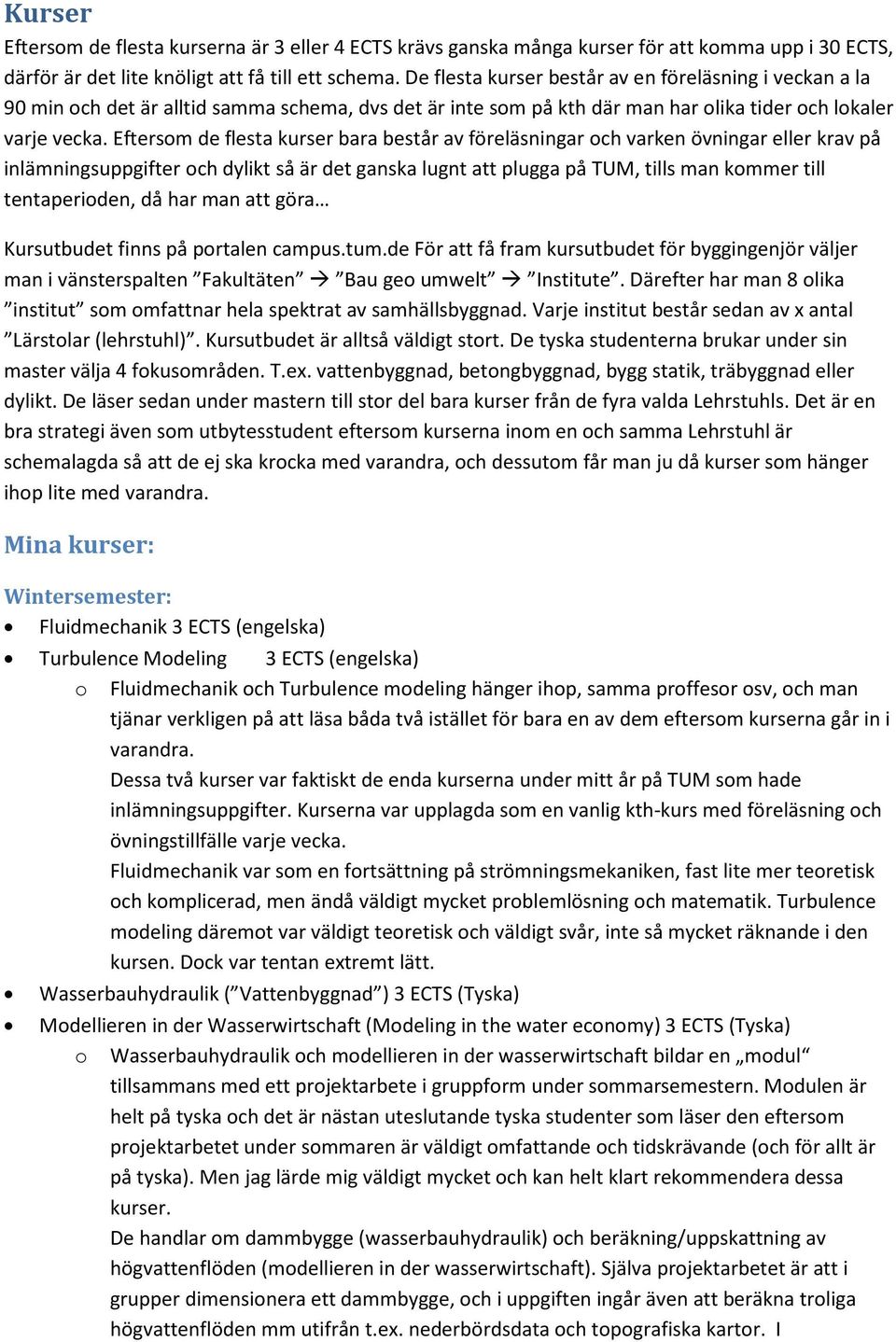 Eftersom de flesta kurser bara består av föreläsningar och varken övningar eller krav på inlämningsuppgifter och dylikt så är det ganska lugnt att plugga på TUM, tills man kommer till tentaperioden,