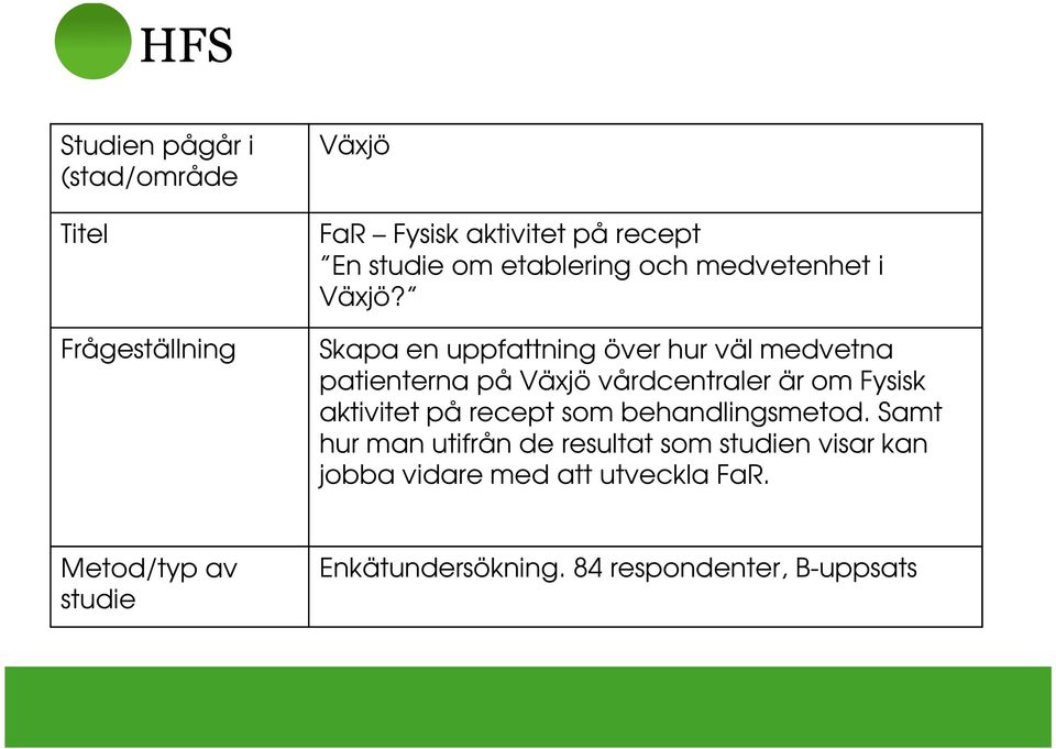 Skapa en uppfattning över hur väl medvetna patienterna på Växjö vårdcentraler är om Fysisk