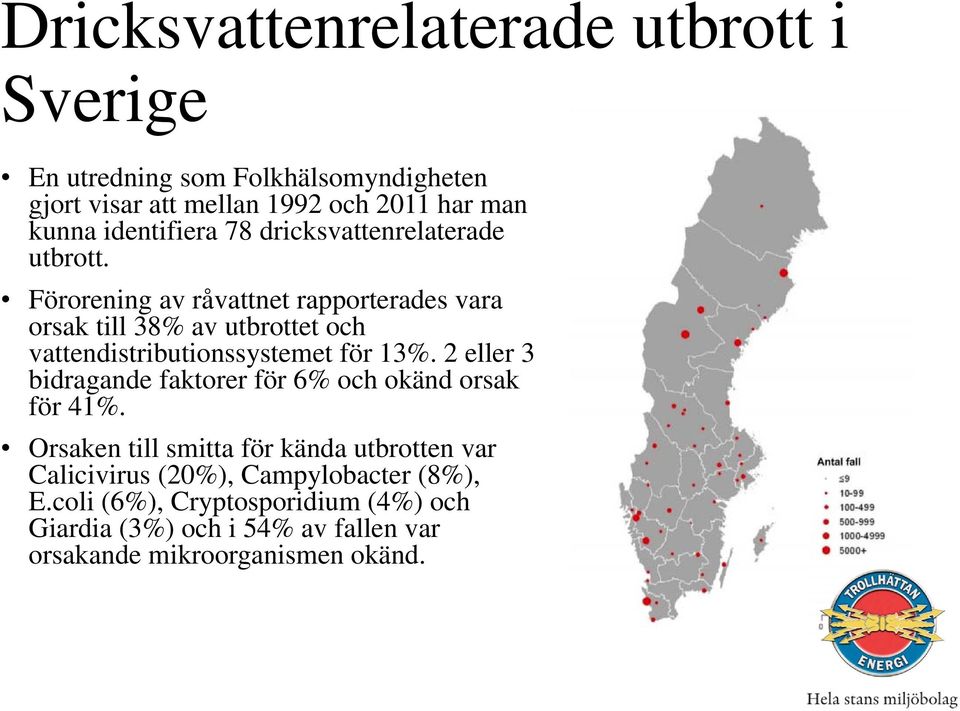 Förorening av råvattnet rapporterades vara orsak till 38% av utbrottet och vattendistributionssystemet för 13%.