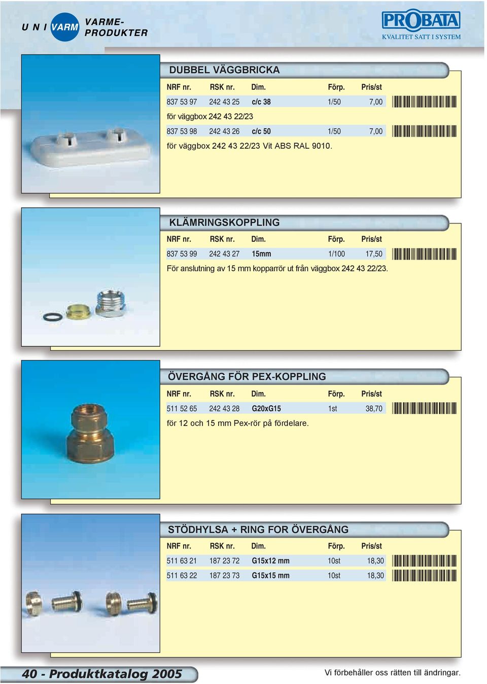*8375397* *8375398* KLÄMRINGSKOPPLING 837 53 99 242 43 27 15mm 1/100 17,50 För anslutning av 15 mm kopparrör ut från väggbox 242 43 22/23.