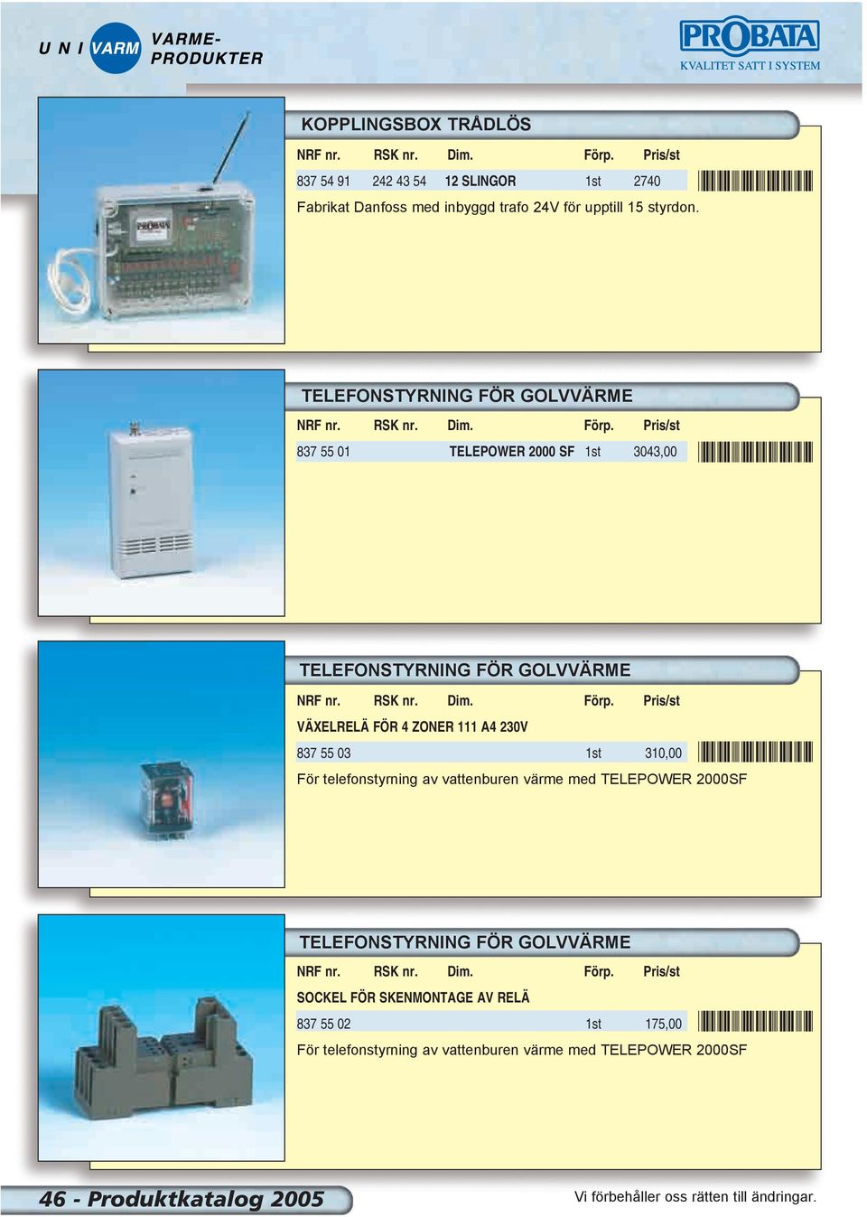 ZONER 111 A4 230V 837 55 03 1st 310,00 För telefonstyrning av vattenburen värme med TELEPOWER 2000SF *8375502* TELEFONSTYRNING FÖR