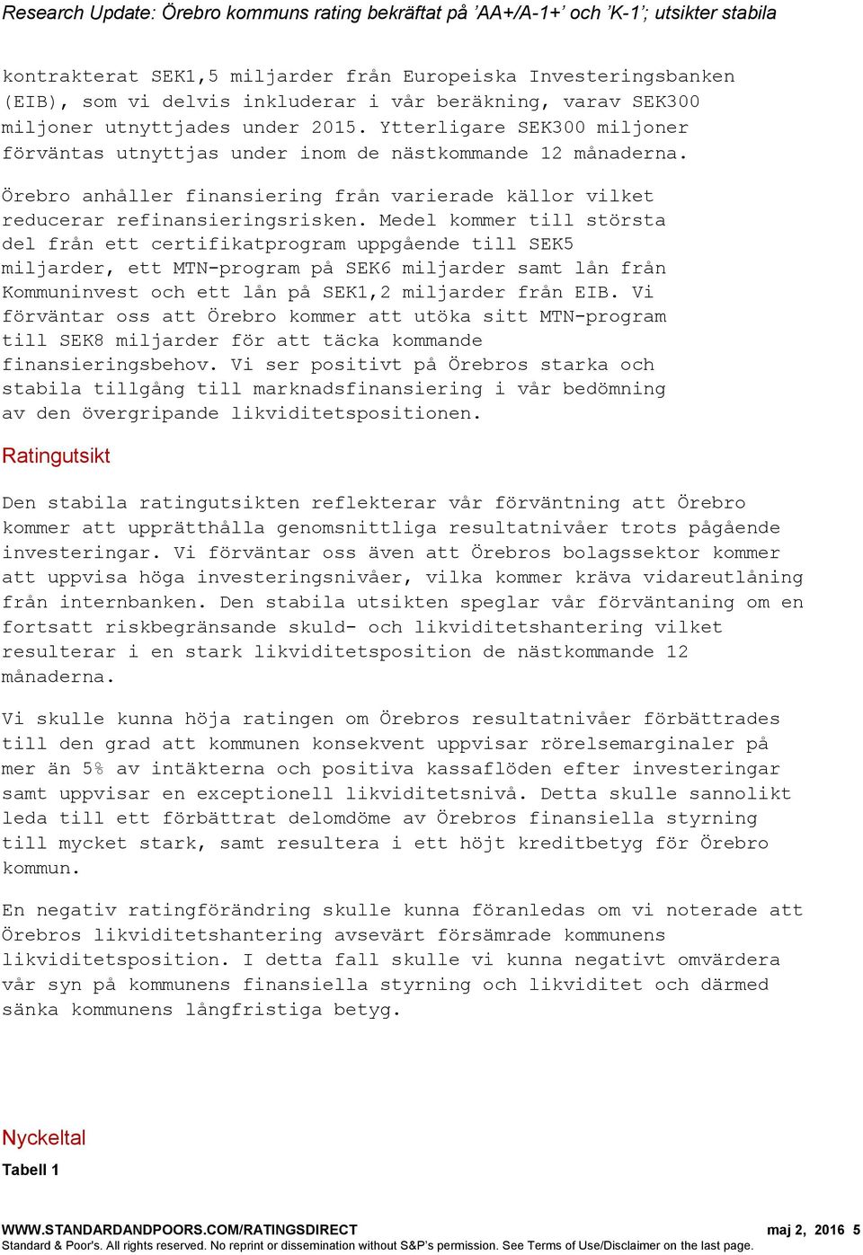 Medel kommer till största del från ett certifikatprogram uppgående till SEK5 miljarder, ett MTN-program på SEK6 miljarder samt lån från Kommuninvest och ett lån på SEK1,2 miljarder från EIB.