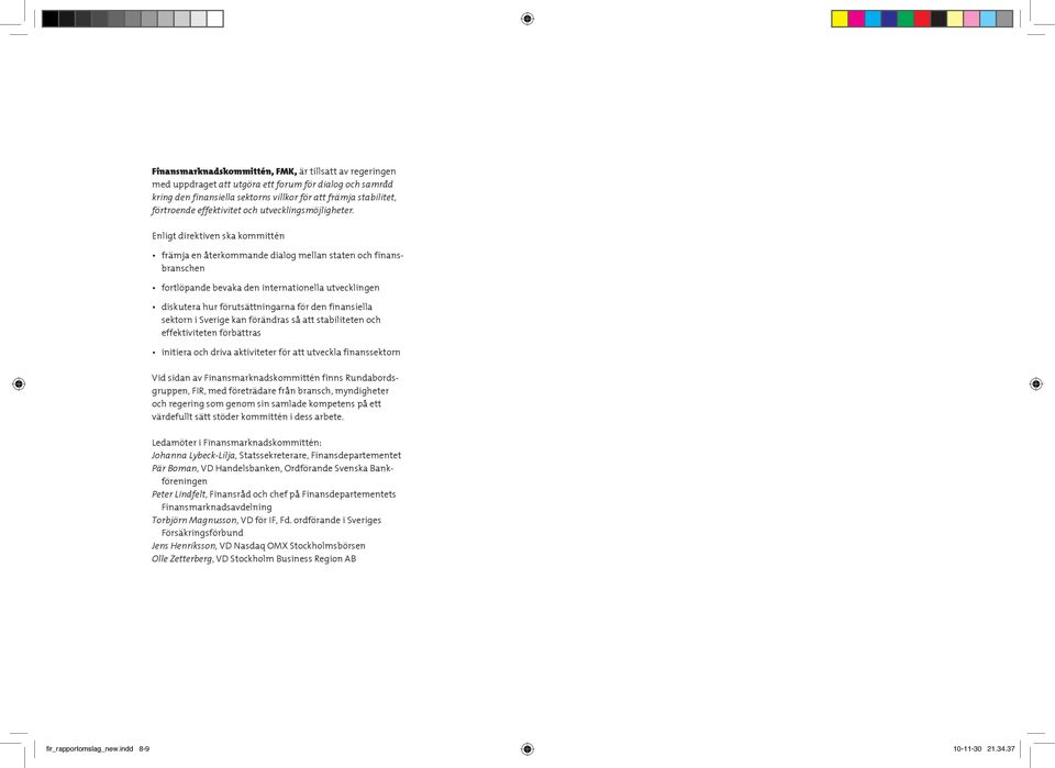Enligt direktiven ska kommittén främja en återkommande dialog mellan staten och finansbranschen fortlöpande bevaka den internationella utvecklingen diskutera hur förutsättningarna för den finansiella