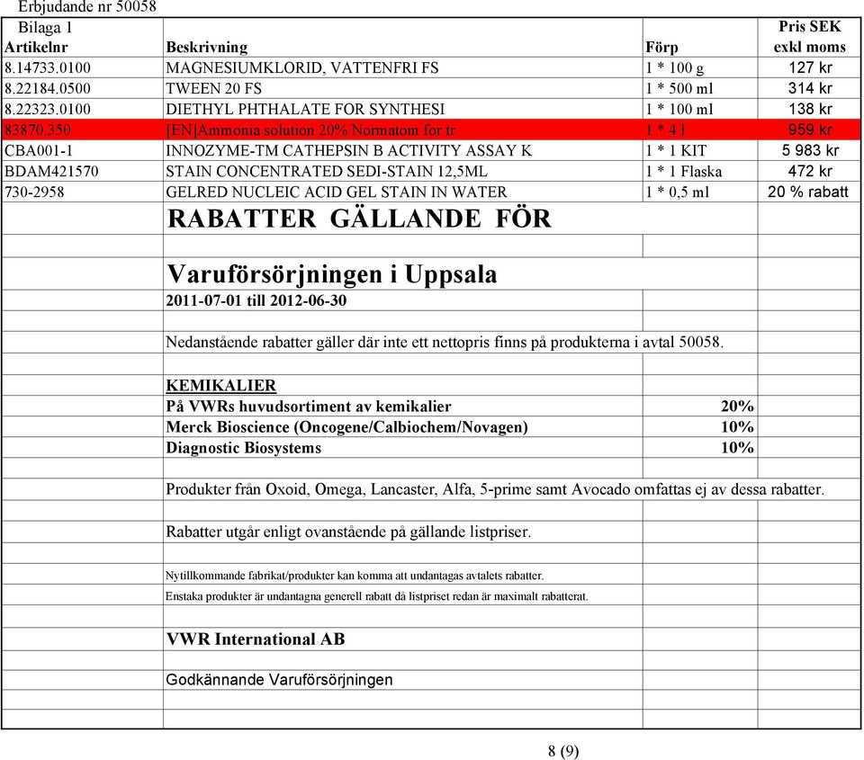 730-2958 GELRED NUCLEIC ACID GEL STAIN IN WATER 1 * 0,5 ml 20 % rabatt RABATTER GÄLLANDE FÖR Varuförsörjningen i Uppsala 2011-07-01 till 2012-06-30 Nedanstående rabatter gäller där inte ett nettopris