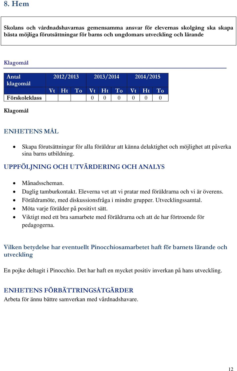 utbildning. UPPFÖLJNING OCH UTVÄRDERING OCH ANALYS Månadsscheman. Daglig tamburkontakt. Eleverna vet att vi pratar med föräldrarna och vi är överens.