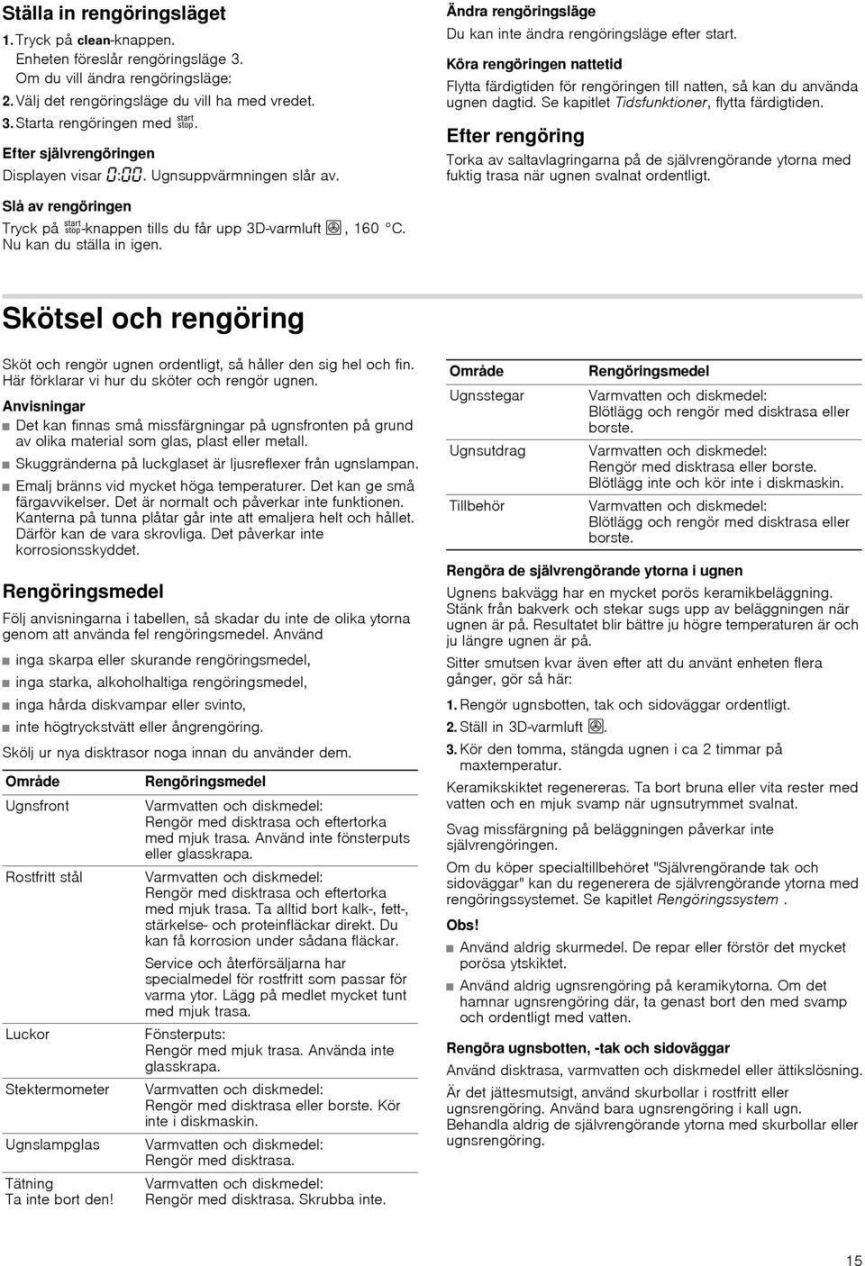 Köra rengöringen nattetid Flytta färdigtiden för rengöringen till natten, så kan du använda ugnen dagtid. Se kapitlet Tidsfunktioner, flytta färdigtiden.
