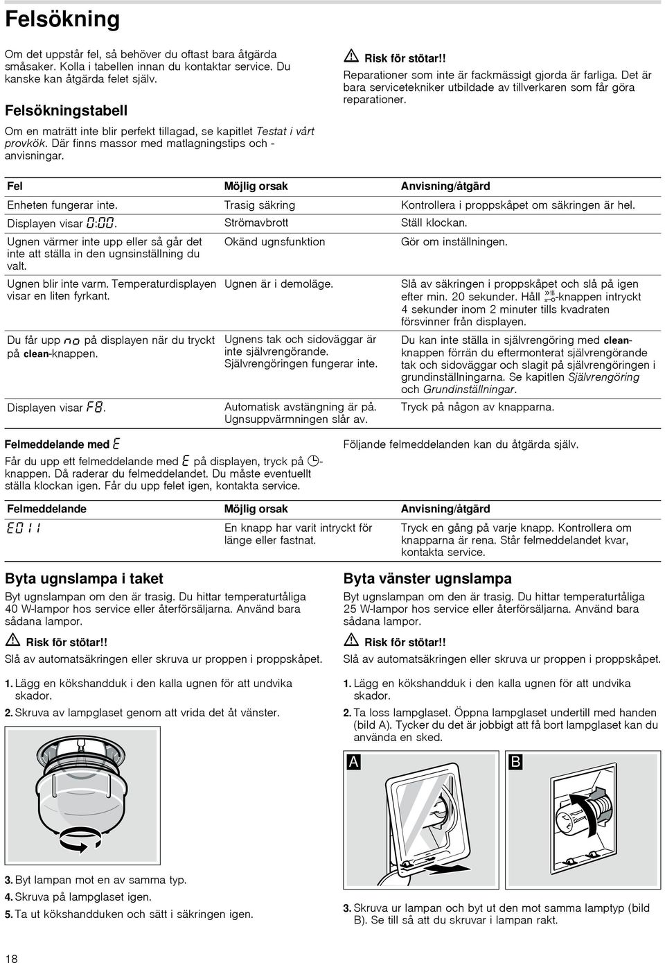 ! Reparationer som inte är fackmässigt gjorda är farliga. Det är bara servicetekniker utbildade av tillverkaren som får göra reparationer. Fel Möjlig orsak Anvisning/åtgärd Enheten fungerar inte.