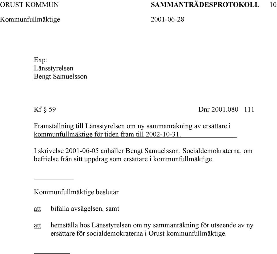 I skrivelse 2001-06-05 anhåller Bengt Samuelsson, Socialdemokraterna, om befrielse från sitt uppdrag som ersättare i
