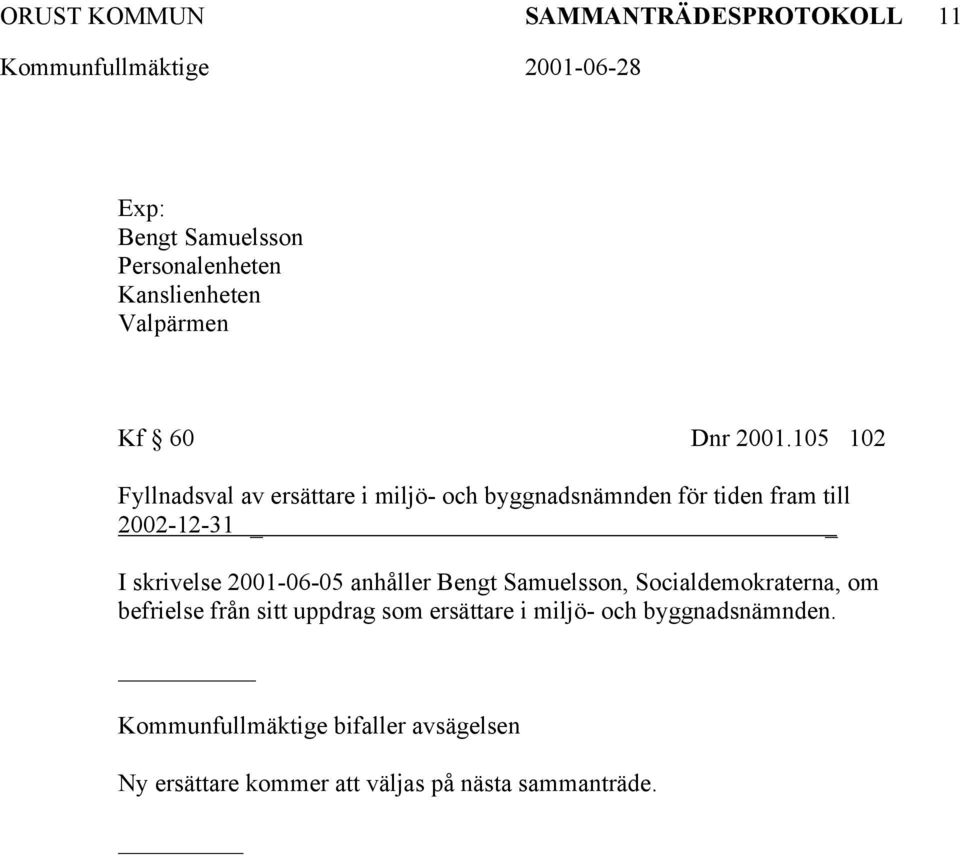 2001-06-05 anhåller Bengt Samuelsson, Socialdemokraterna, om befrielse från sitt uppdrag som ersättare i miljö-