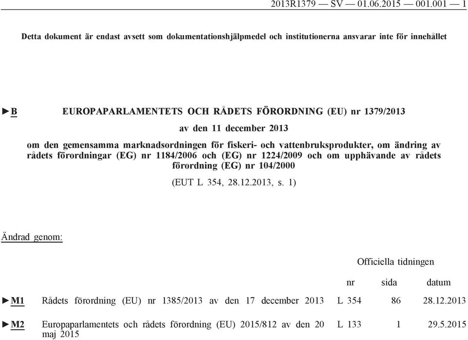 1379/2013 av den 11 december 2013 om den gemensamma marknadsordningen för fiskeri- och vattenbruksprodukter, om ändring av rådets förordningar (EG) nr 1184/2006 och (EG) nr