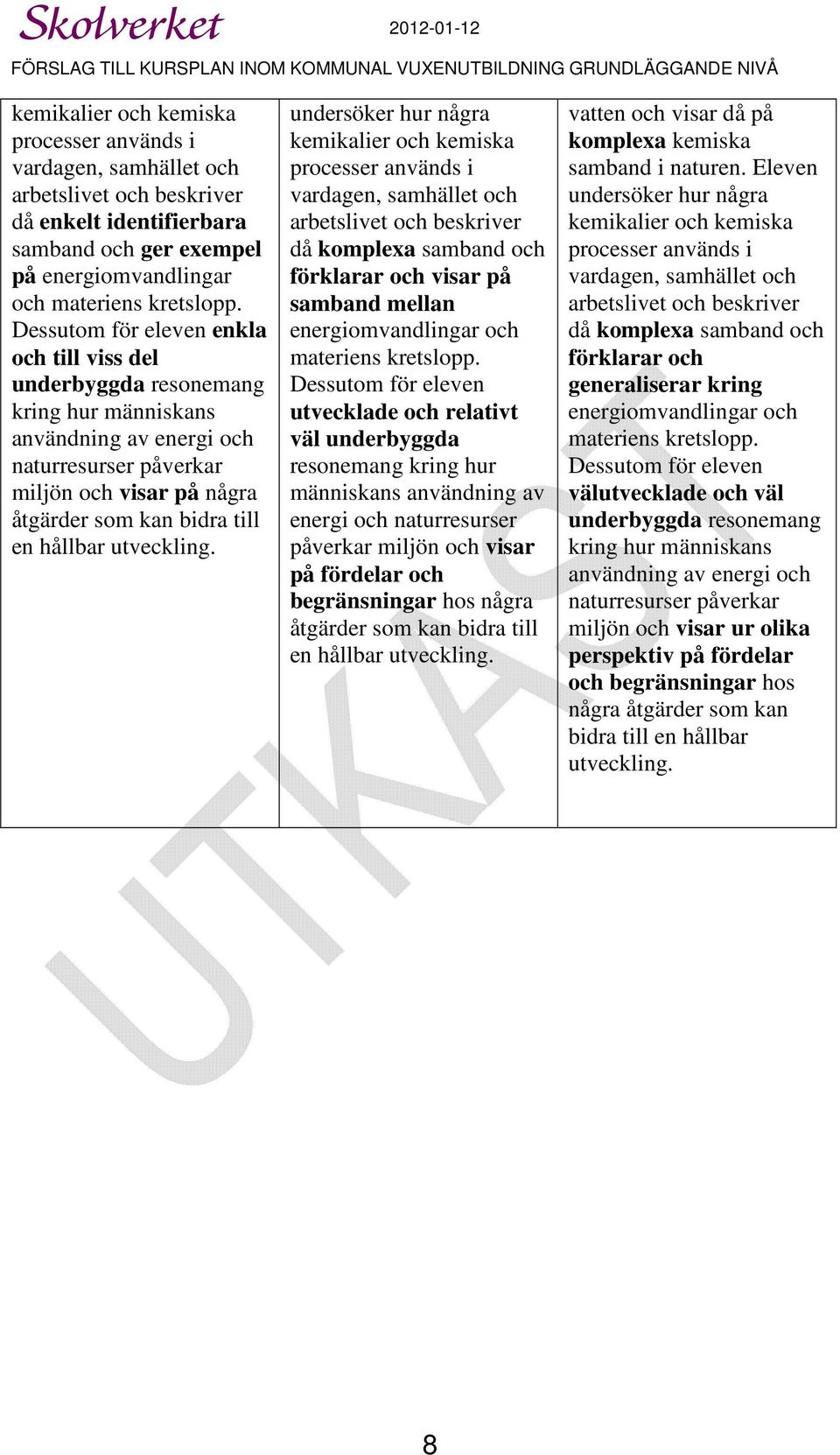 undersöker hur några kemikalier och kemiska processer används i vardagen, samhället och arbetslivet och beskriver då komplexa samband och förklarar och visar på samband mellan energiomvandlingar och