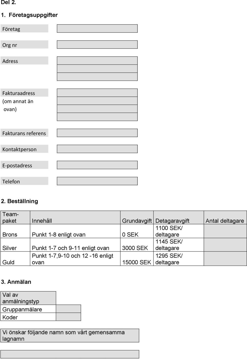 2. Beställning Teampaket Innehåll Grundavgift Detagaravgift Antal deltagare 1100 SEK/ Brons Punkt 1-8 enligt ovan 0 SEK