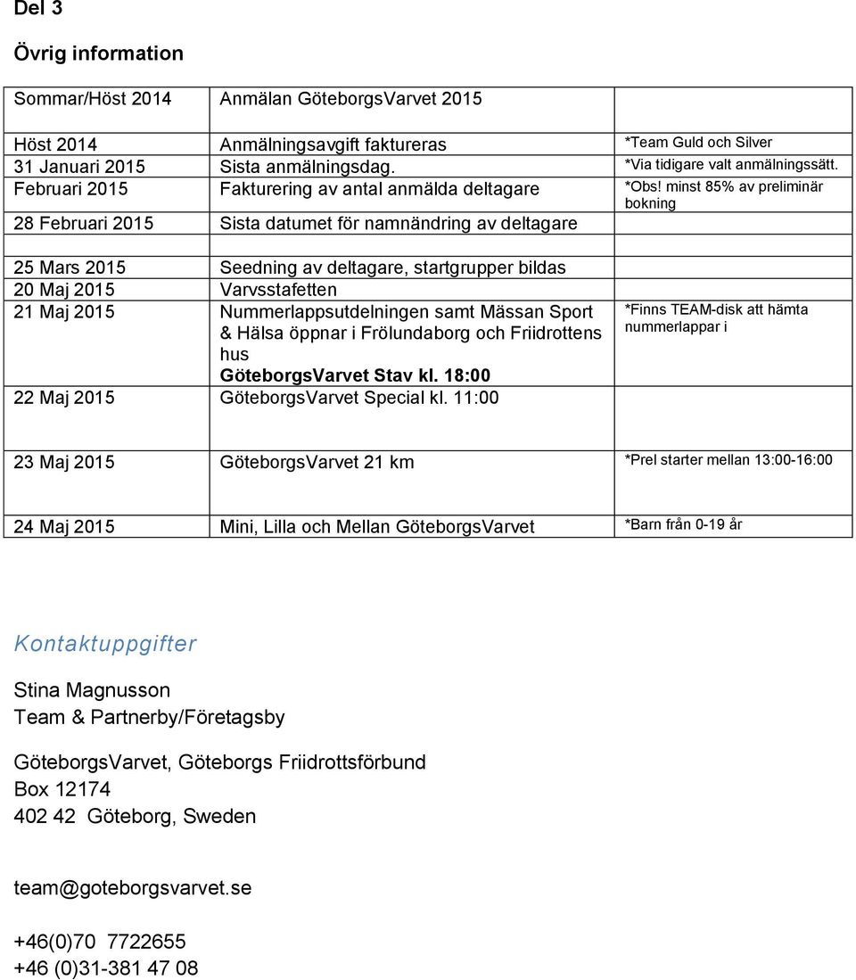 minst 85% av preliminär bokning 28 Februari 2015 Sista datumet för namnändring av deltagare 25 Mars 2015 Seedning av deltagare, startgrupper bildas 20 Maj 2015 Varvsstafetten 21 Maj 2015