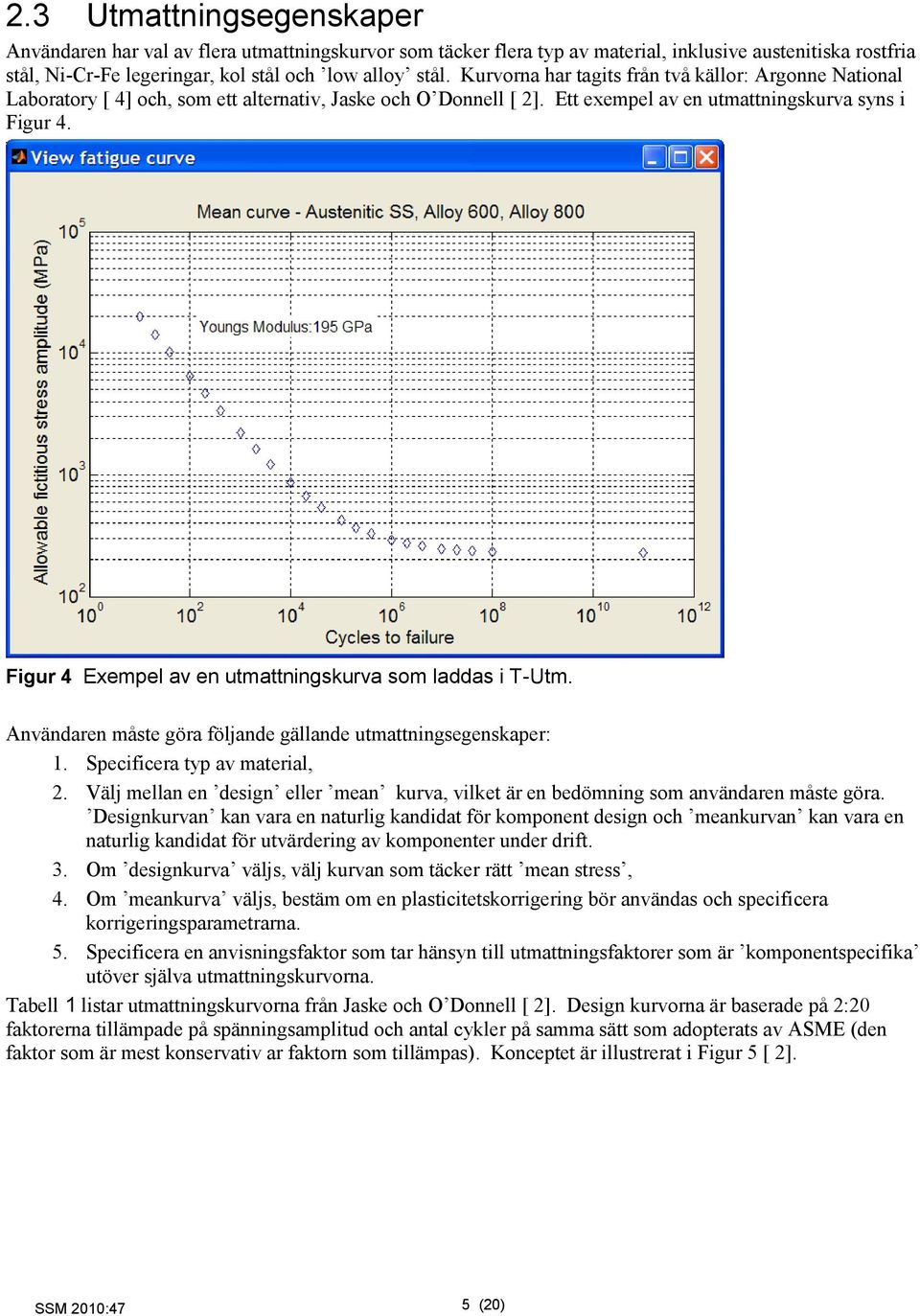 Figur 4 Exempel av en utmattningskurva som laddas i T-Utm. Användaren måste göra följande gällande utmattningsegenskaper: 1. Specificera typ av material, 2.