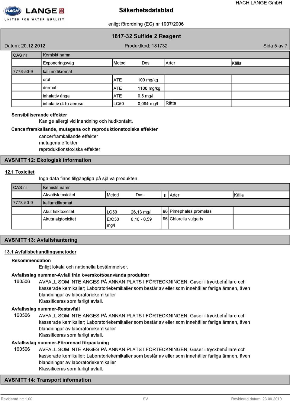 Cancerframkallande, mutagena och reproduktionstoxiska effekter cancerframkallande effekter mutagena effekter reproduktionstoxiska effekter AVSNITT 12: Ekologisk information 12.