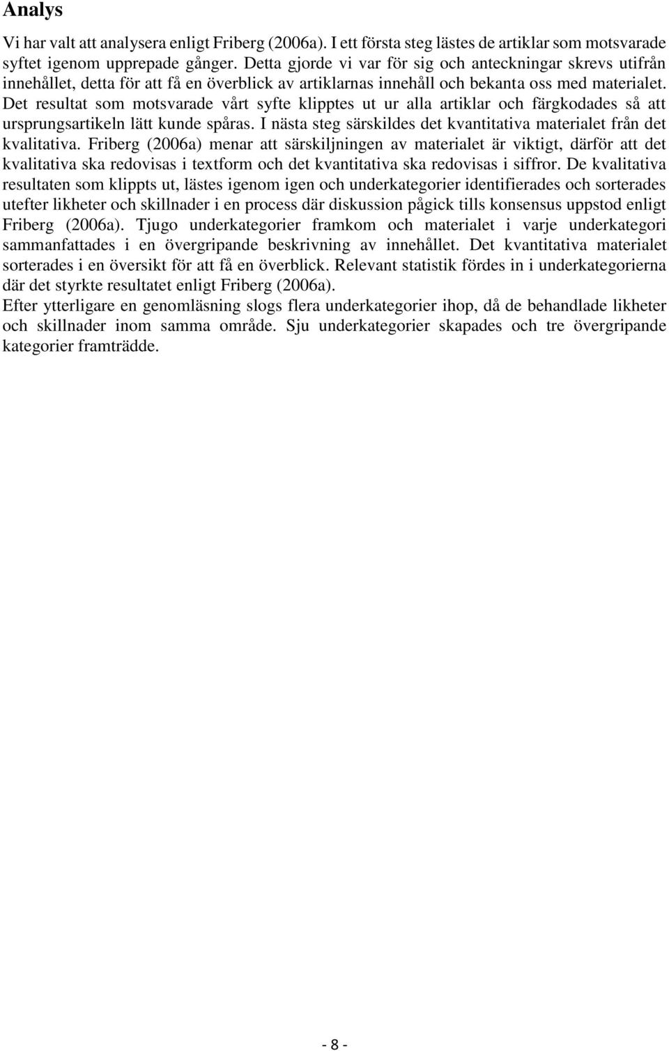 Det resultat som motsvarade vårt syfte klipptes ut ur alla artiklar och färgkodades så att ursprungsartikeln lätt kunde spåras.