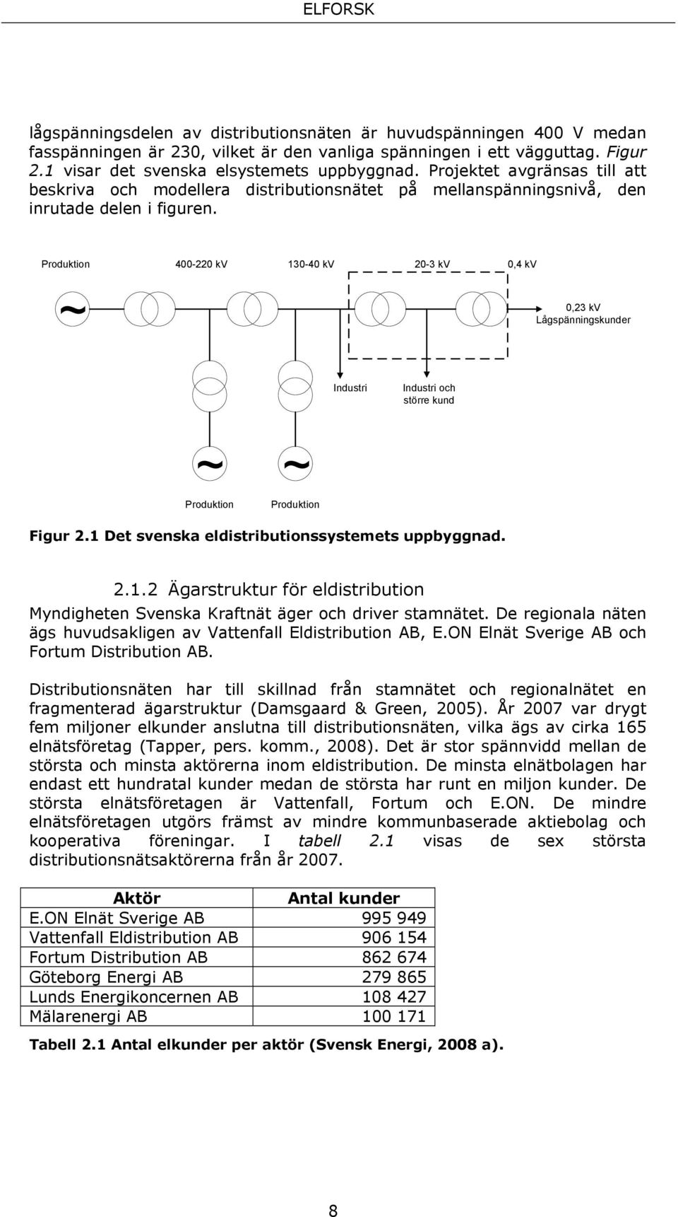 Produktion 400-220 kv 130-40 kv 20-3 kv 0,4 kv 0,23 kv Lågspänningskunder Industri Industri och större kund Produktion Produktion Figur 2.1 Det svenska eldistributionssystemets uppbyggnad. 2.1.2 Ägarstruktur för eldistribution Myndigheten Svenska Kraftnät äger och driver stamnätet.