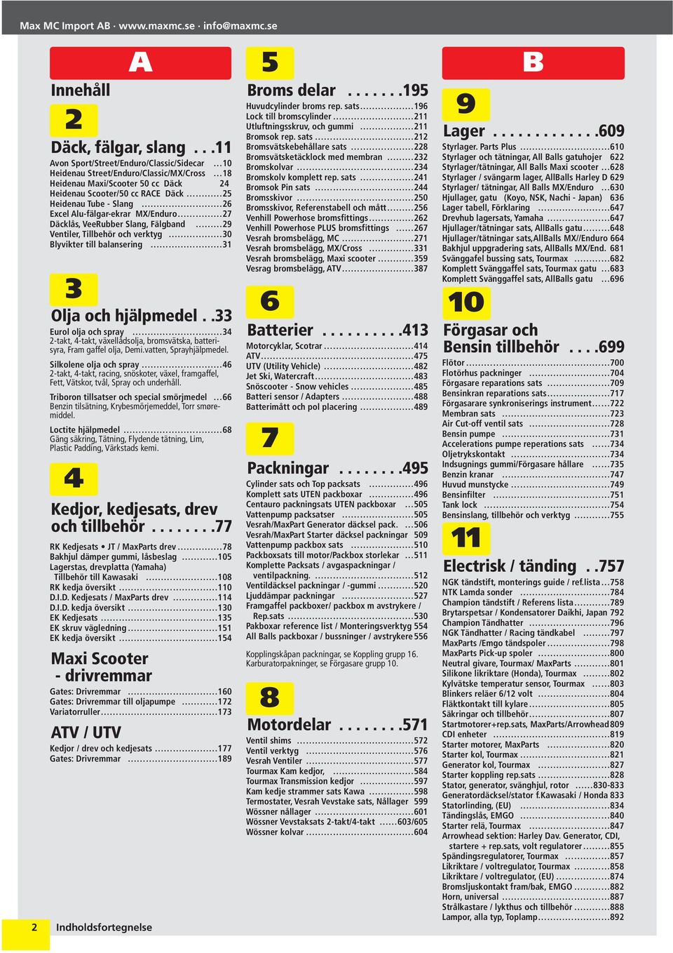 Alu-fälgar-ekrar MX/Enduro 2 Däcklås, VeeRubber Slang, Fälgband 29 Ventiler, Tillbehör och verktyg 30 Blyvikter till balansering 31 3 Olja och hjälpmedel.