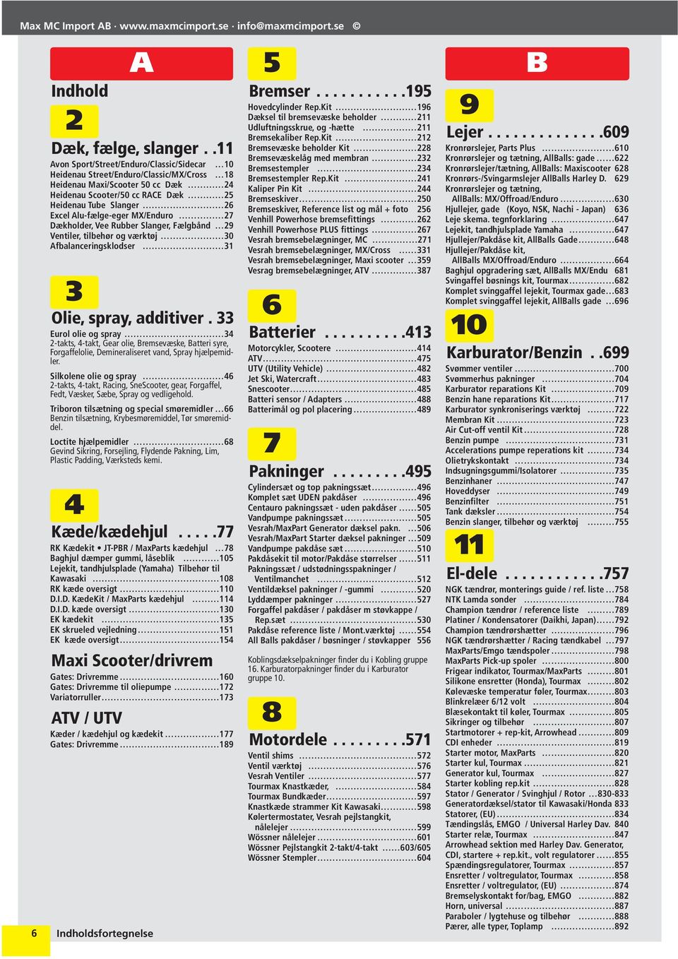 Alu-fælge-eger MX/Enduro 2 Dækholder, Vee Rubber Slanger, Fælgbånd 29 Ventiler, tilbehør og værktøj 30 Afbalanceringsklodser 31 3 Olie, spray, additiver.