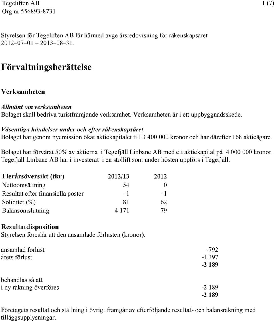 Väsentliga händelser under och efter räkenskapsåret Bolaget har genom nyemission ökat aktiekapitalet till 3 400 000 kronor och har därefter 168 aktieägare.