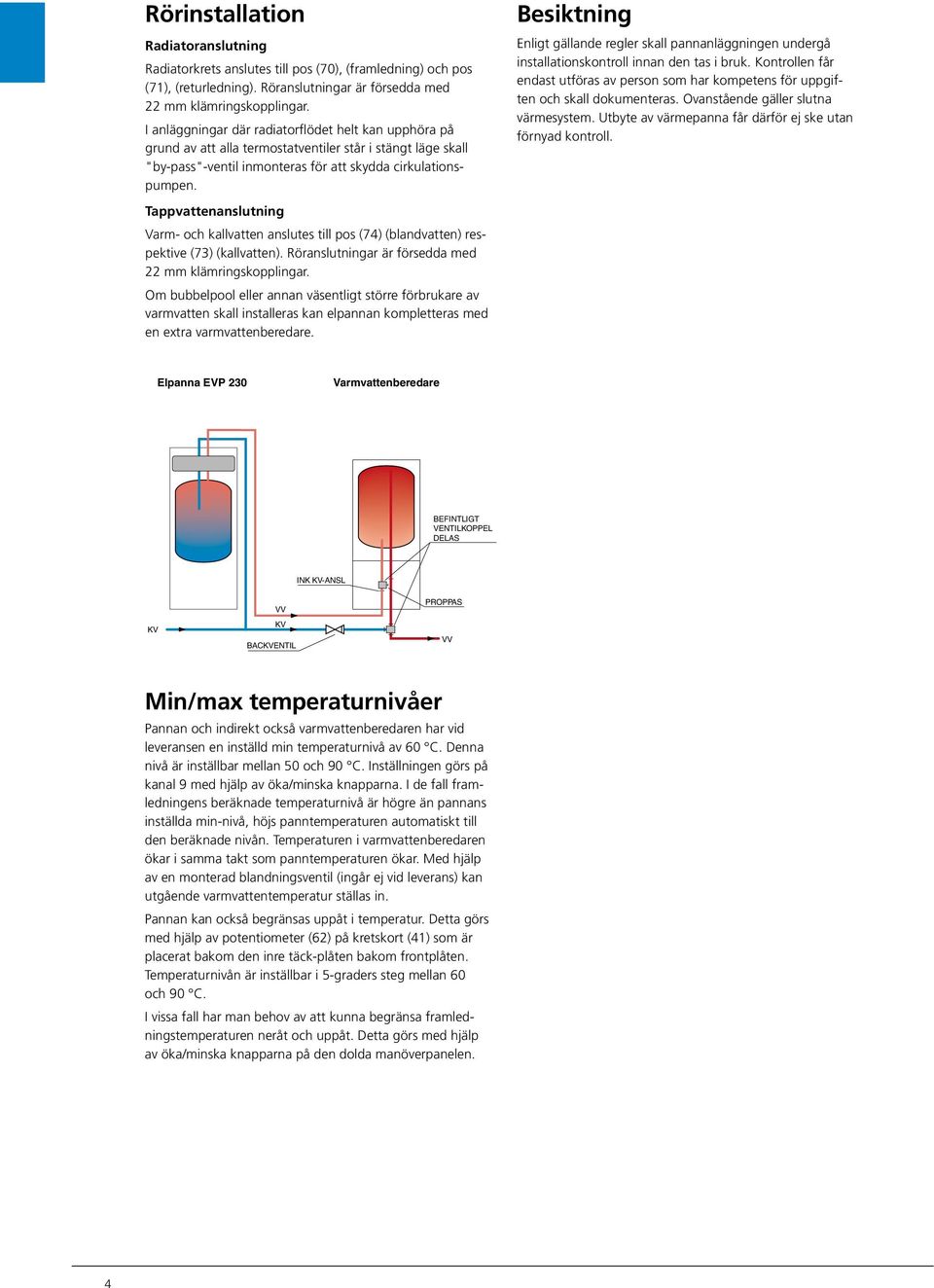 Tappvattenanslutning Varm- och kallvatten anslutes till pos () (blandvatten) respektive () (kallvatten). Röranslutningar är försedda med mm klämringskopplingar.