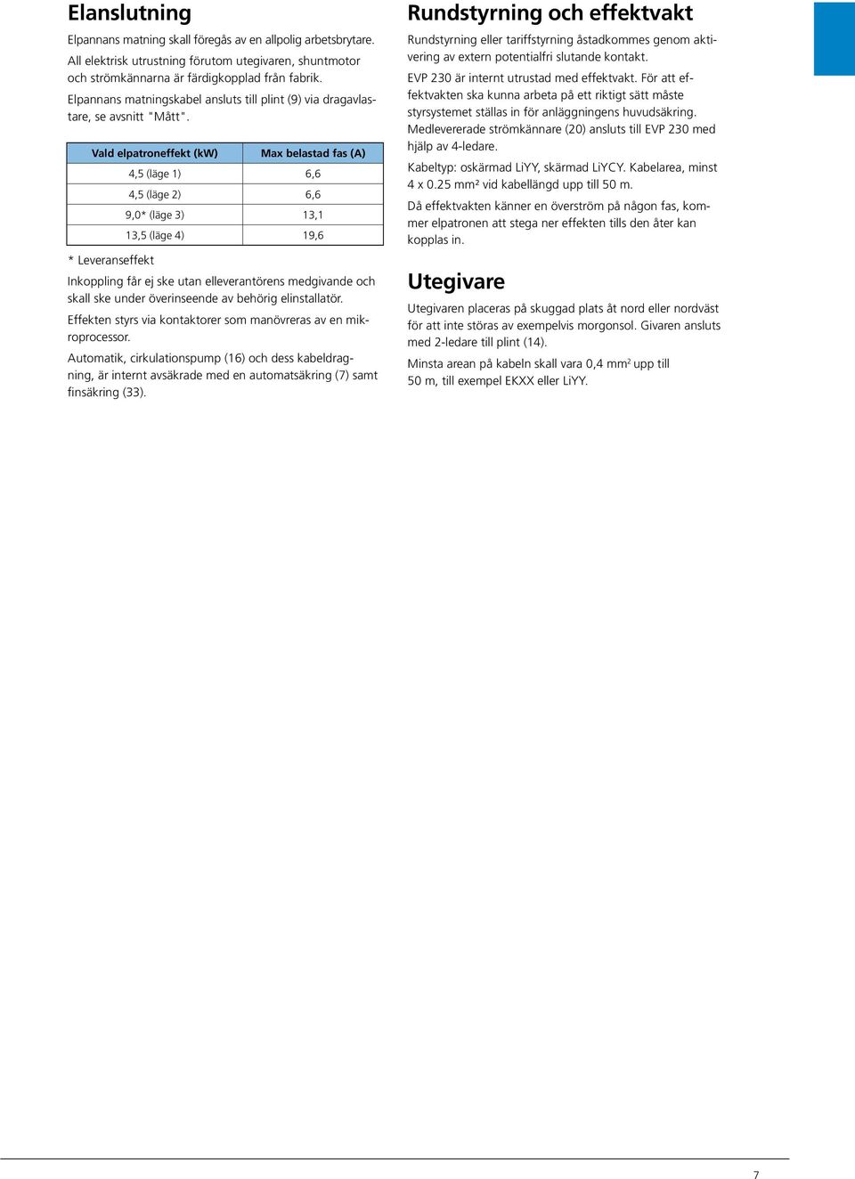 Vald elpatroneffekt (kw) Max belastad fas (A), (läge ),, (läge ),,0* (läge ),, (läge ), * Leveranseffekt Inkoppling får ej ske utan elleverantörens medgivande och skall ske under överinseende av