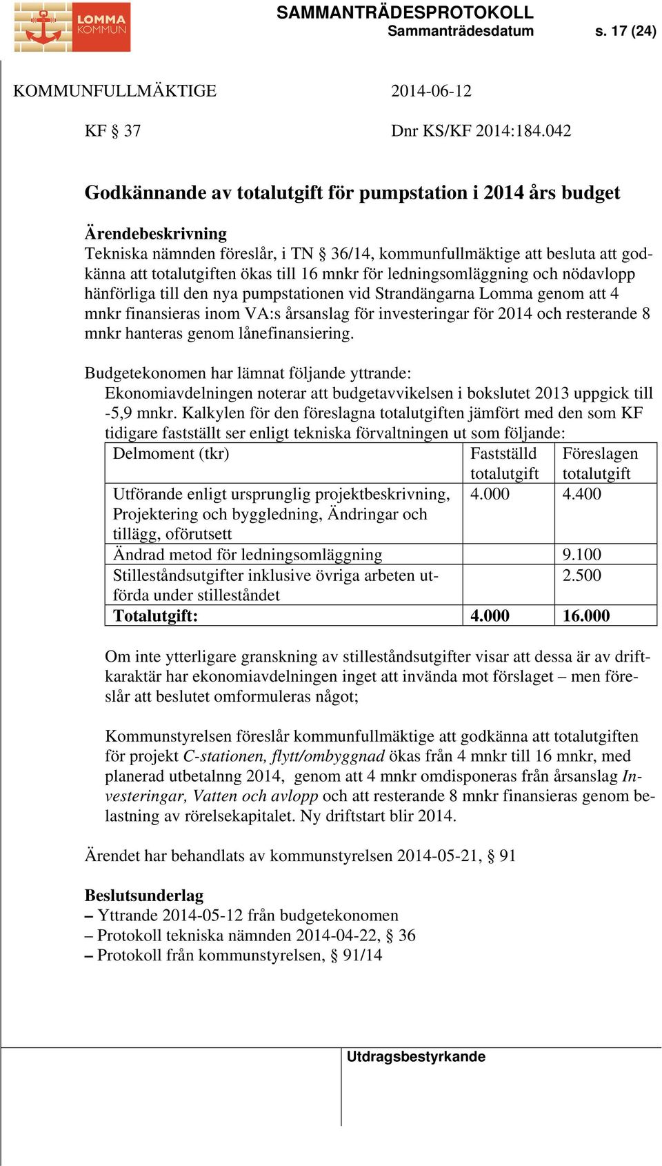 ledningsomläggning och nödavlopp hänförliga till den nya pumpstationen vid Strandängarna Lomma genom att 4 mnkr finansieras inom VA:s årsanslag för investeringar för 2014 och resterande 8 mnkr