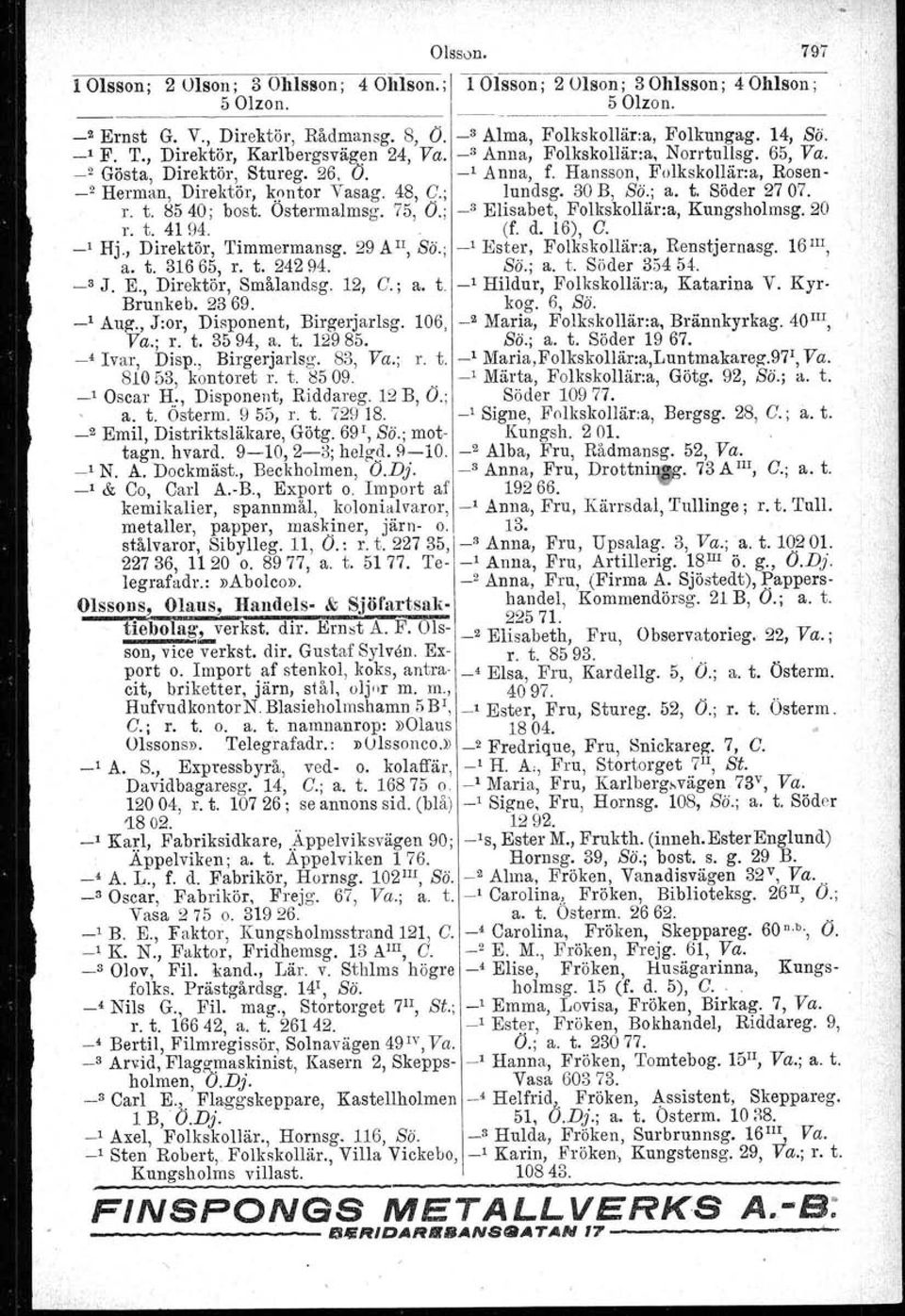 Hansson, Folkskollär:a, Rosen- _2 Herman, Direktör, kontor Vasag. 48, C.; lundsg. 30 B, Sö.; a. t. Söder 2707. r. t. 8540; bost. Ostermalmsg. 75, O.; _3 Elisabet, Folkskollär:a, Kungsholmsg.20 1". t. 4194.