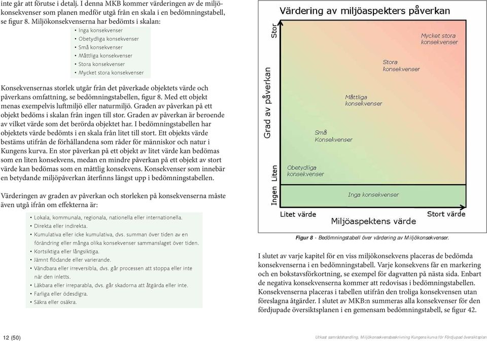 från det påverkade objektets värde och påverkans omfattning, se bedömningstabellen, figur 8. Med ett objekt menas exempelvis luftmiljö eller naturmiljö.