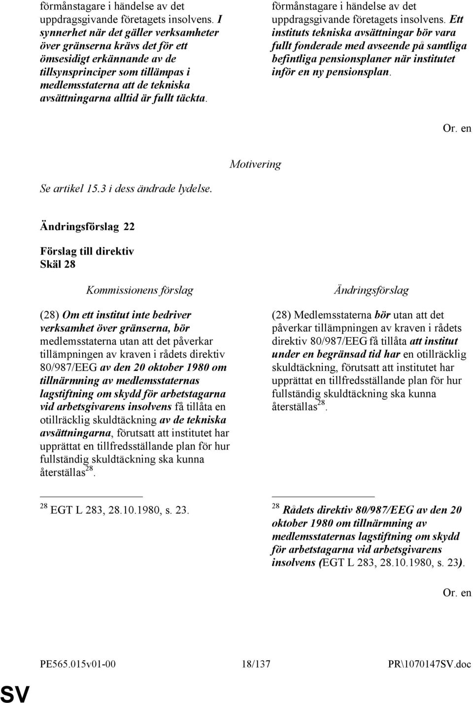 täckta.  Ett instituts tekniska avsättningar bör vara fullt fonderade med avseende på samtliga befintliga pensionsplaner när institutet inför en ny pensionsplan. Se artikel 15.
