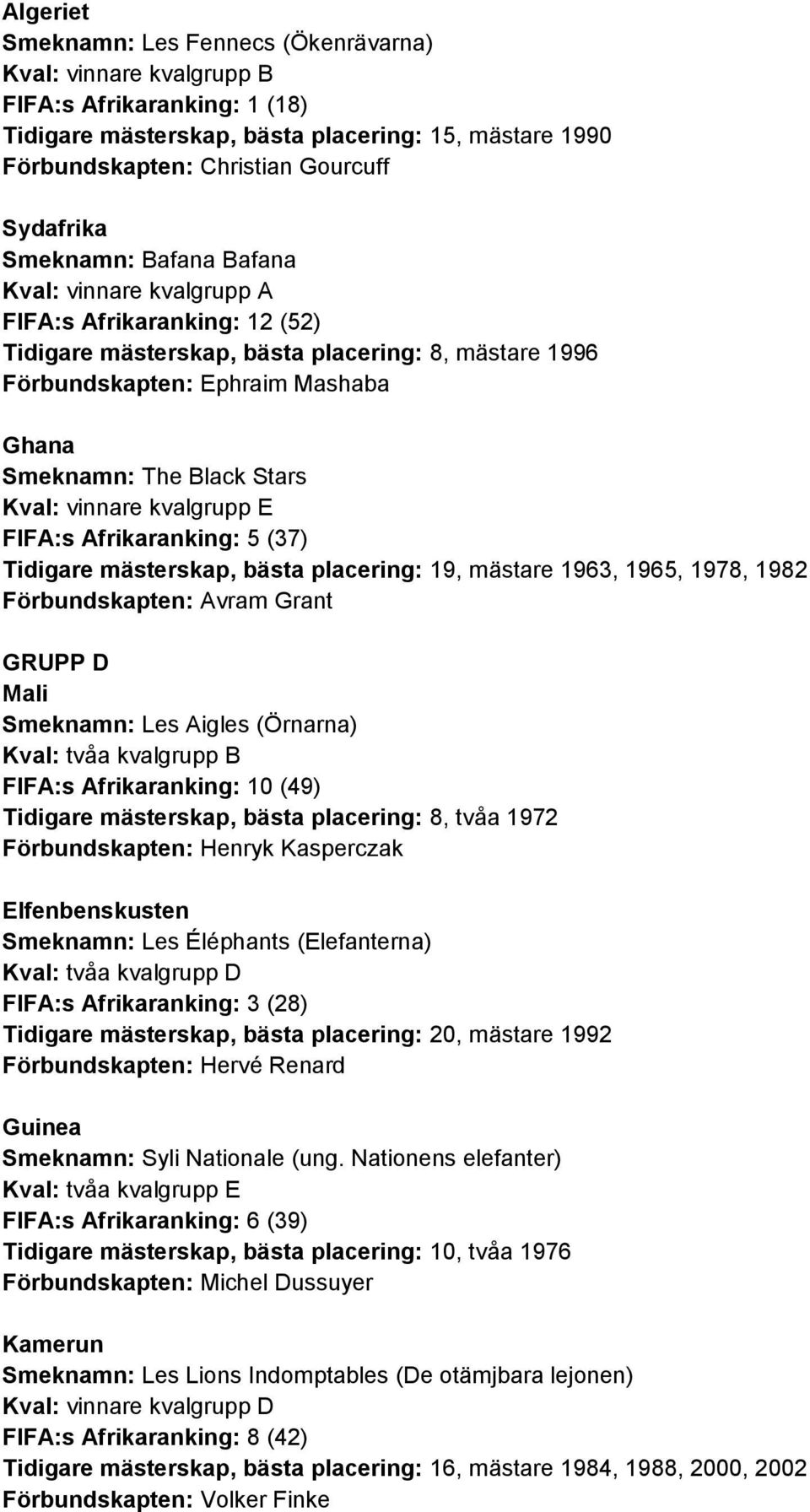 Kval: vinnare kvalgrupp E FIFA:s Afrikaranking: 5 (37) Tidigare mästerskap, bästa placering: 19, mästare 1963, 1965, 1978, 1982 Förbundskapten: Avram Grant GRUPP D Mali Smeknamn: Les Aigles (Örnarna)