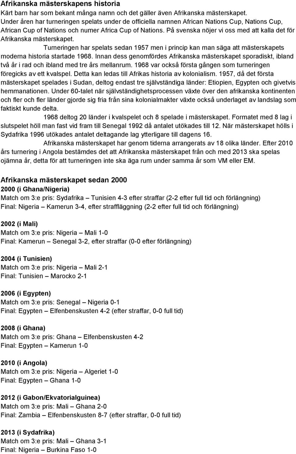 På svenska nöjer vi oss med att kalla det för Afrikanska mästerskapet. Turneringen har spelats sedan 1957 men i princip kan man säga att mästerskapets moderna historia startade 1968.