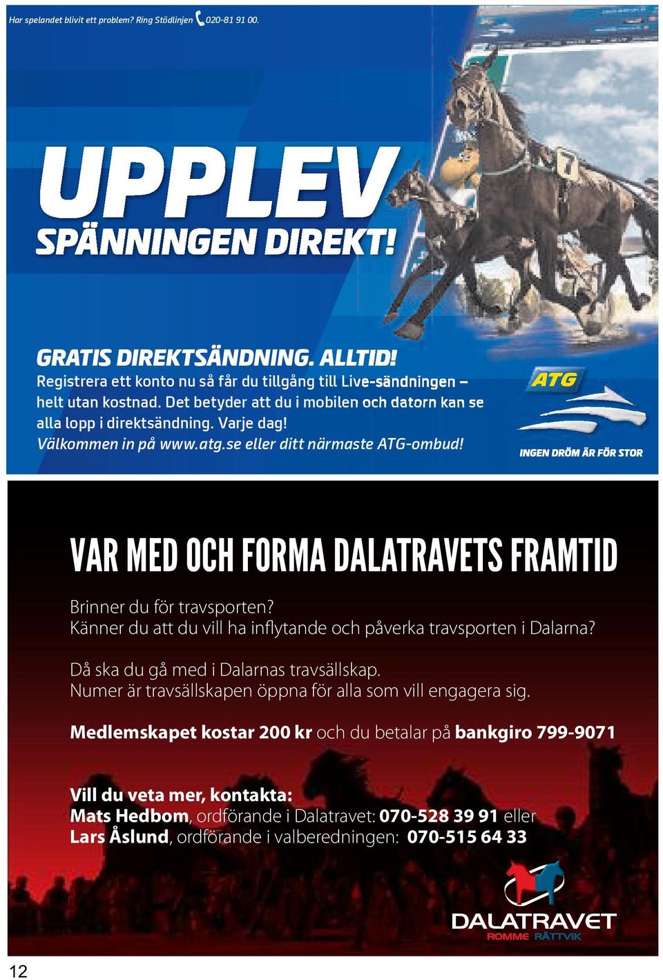 se eller ditt närmaste ATG-ombud! VAR MED OCH FORMA DALATRAVETS FRAMTID Brinner du för travsporten? Känner du att du vill ha inflytande och påverka travsporten i Dalarna?