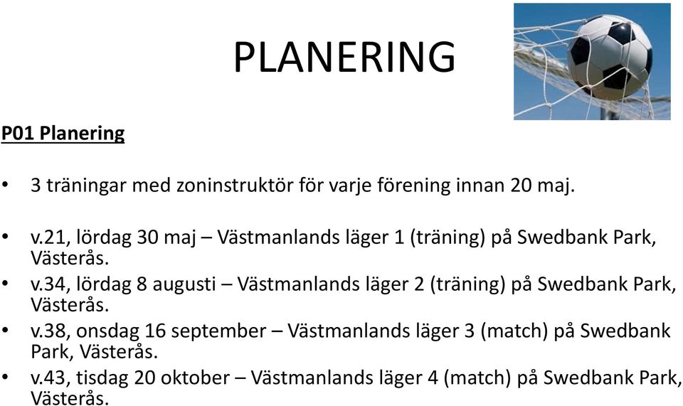 21, lördag 30 maj Västmanlands läger 1 (träning) på Swedbank Park, Västerås. v.