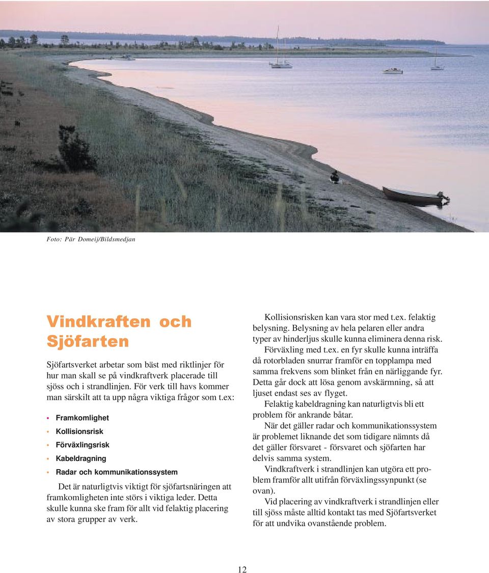 ex: Framkomlighet Kollisionsrisk Förväxlingsrisk Kabeldragning Radar och kommunikationssystem Det är naturligtvis viktigt för sjöfartsnäringen att framkomligheten inte störs i viktiga leder.