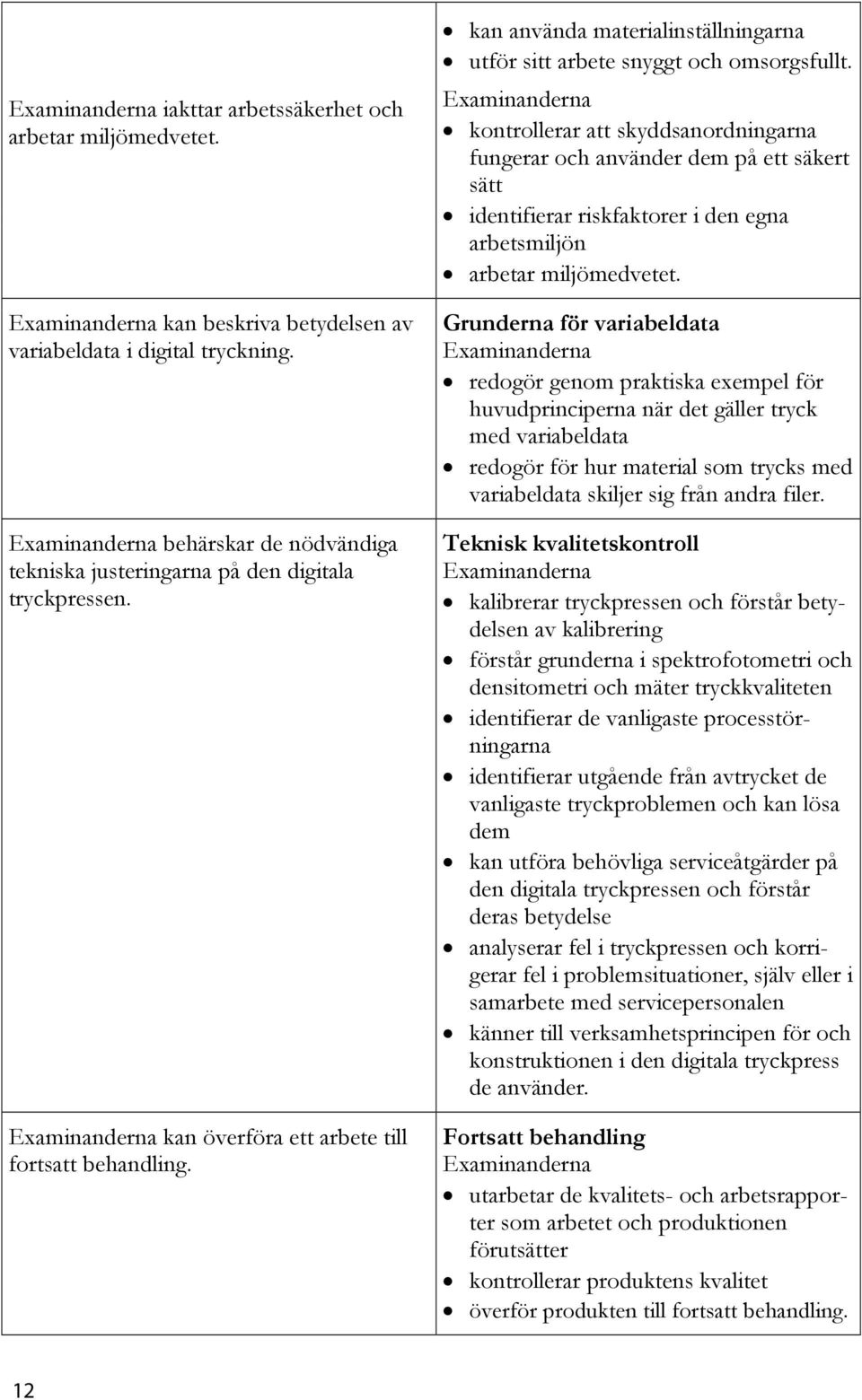 kontrollerar att skyddsanordningarna fungerar och använder dem på ett säkert sätt identifierar riskfaktorer i den egna arbetsmiljön arbetar miljömedvetet.