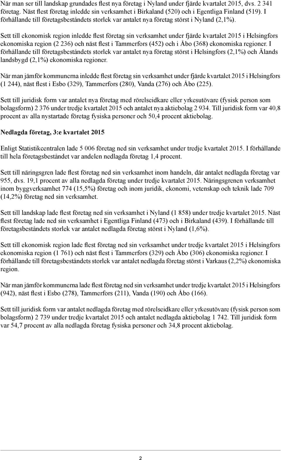 Sett till ekonomisk region inledde flest företag sin verksamhet under fjärde kvartalet 2015 i Helsingfors ekonomiska region (2 236) och näst flest i Tammerfors (452) och i Åbo (368) ekonomiska