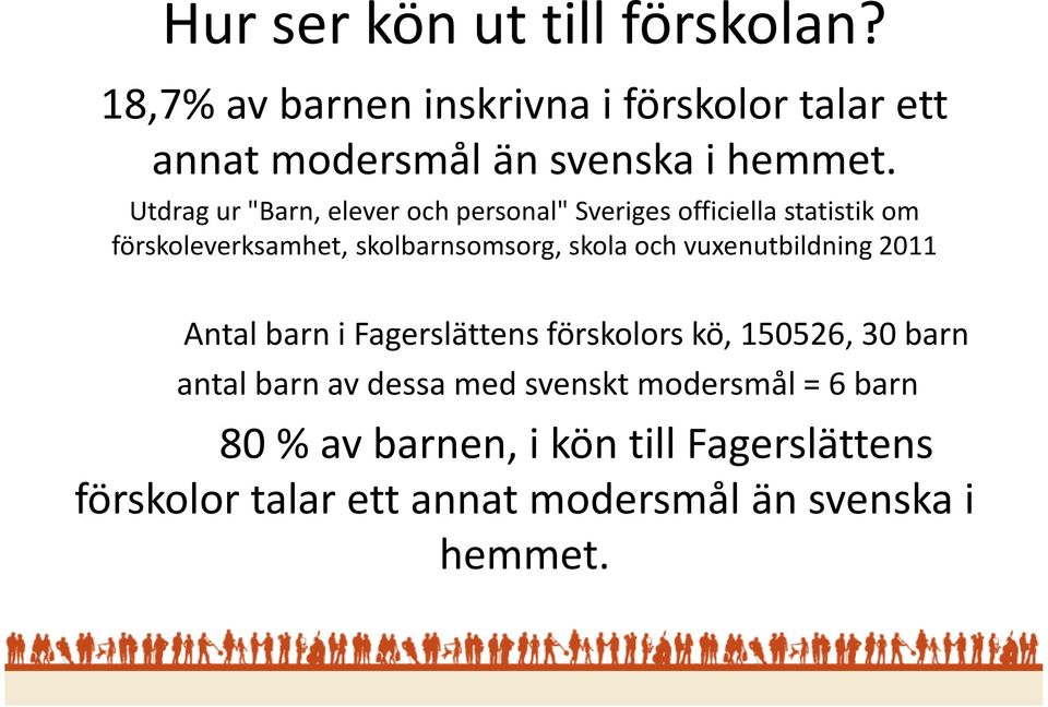 och vuxenutbildning 2011 Antal barn i Fagerslättens förskolors kö, 150526, 30 barn antal barn av dessa med svenskt