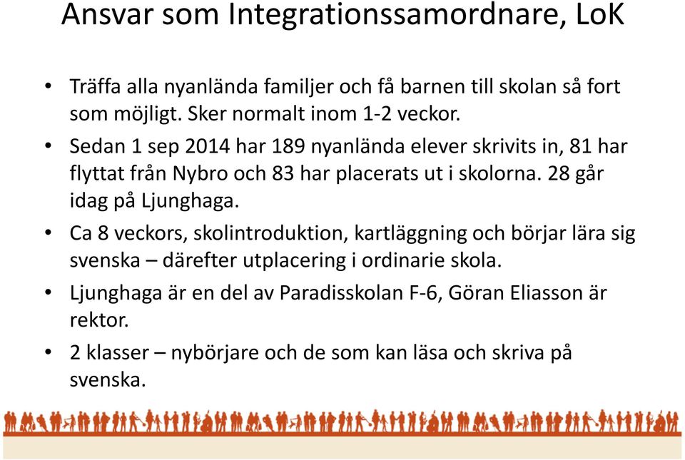 Sedan 1 sep 2014 har 189 nyanlända elever skrivits in, 81 har flyttat från Nybro och 83 har placerats ut i skolorna.