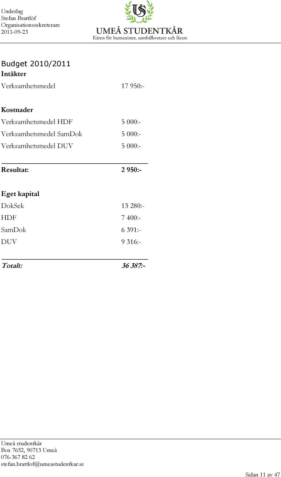 Verksamhetsmedel DUV 5 000:- Resultat: 2 950:- Eget kapital DokSek