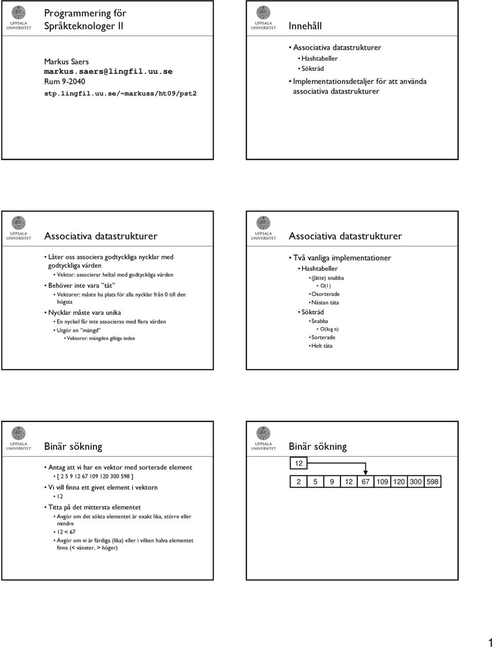 se/~markuss/ht0/pst Innehåll Associativa datastrukturer Hashtabeller Sökträd Implementationsdetaljer för att använda associativa datastrukturer Associativa datastrukturer Låter oss associera