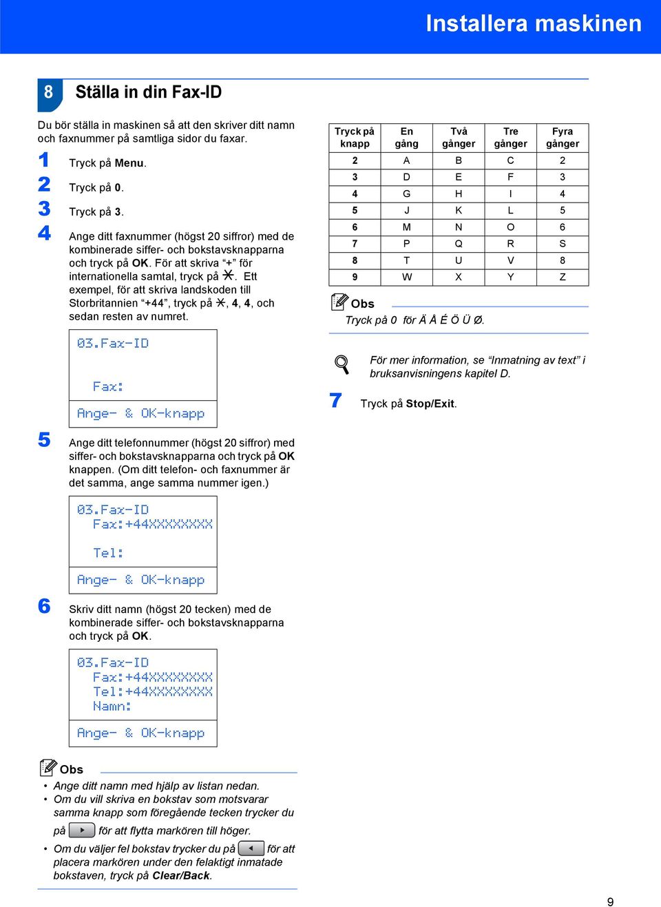 Ett exempel, för att skriva landskoden till Storbritannien +44, tryck på l, 4, 4, och sedan resten av numret. 03.Fax-ID Fax: Ange- & OK-knapp Tryck på knapp En gång Tryck på 0 för Ä Å É Ö Ü Ø.